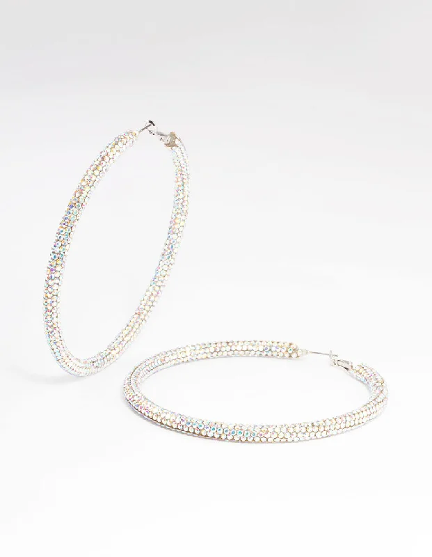 Bold Drop Earrings-Silver 85mm Diamante Crust Hoop Earrings