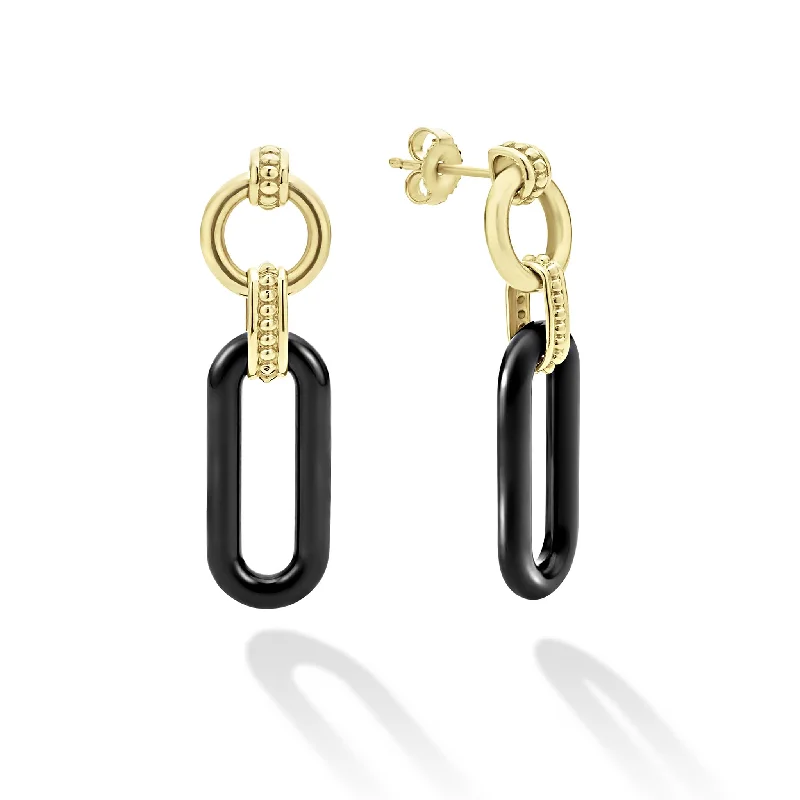 Freshwater Pearl Earrings-Signature Caviar 18K Gold and Black Ceramic Link Drop Earrings