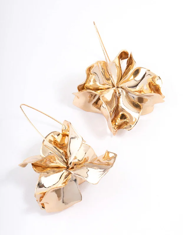 Luxury Pearl Earrings-Gold Frosted Flower Drop Earrings