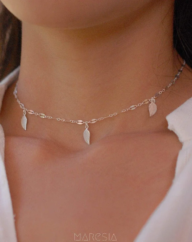 Layered Heart Necklace-Leaf Choker ~ Sterling Silver 925 or Gold Filled ~ MN009