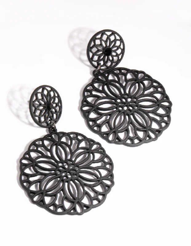 Bold Gold Earrings-Matte Black Filigree Drop Earrings