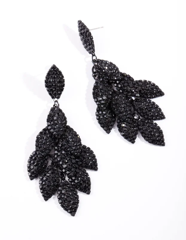 Cute Pearl Earrings-Black Coated Metal Diamante Leaf Earrings