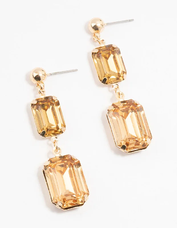 Gemstone Earrings-Gold Double Rectangle Orange Diamante Drop Earrings