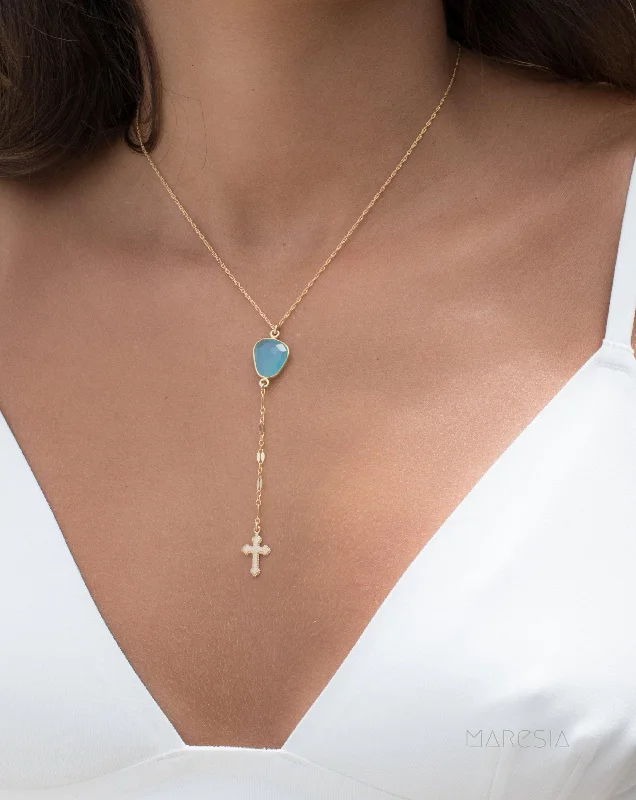 Sterling Silver Heart Necklace-Y necklace Blue Chalcedony Cross ~ Gold Filled ~MN019