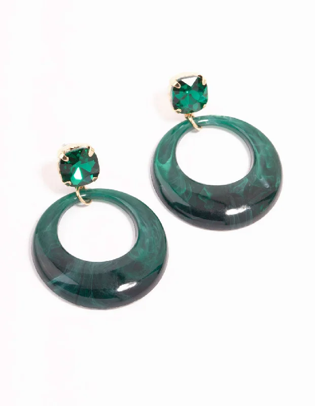 Long Tassel Earrings-Green Acrylic Circle & Diamante Drop Earrings