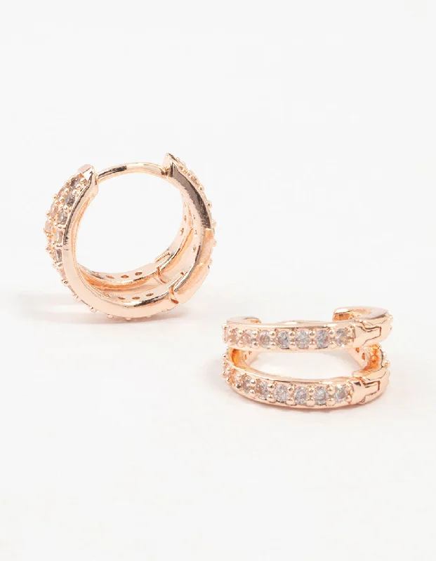 Sterling Silver Dangle Earrings-Rose Gold Plated Pave Mini Hoop Earrings