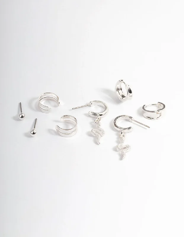 Cute Pearl Earrings-Silver Snake Hoop Earrings 4-Pack