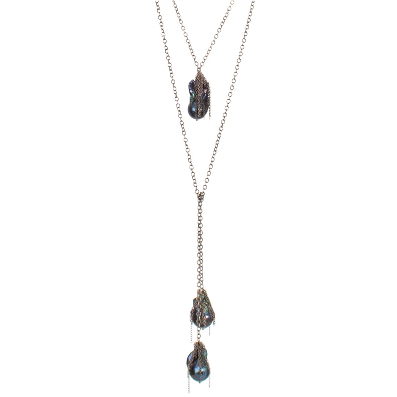 Elegant Long Crystal Necklace-Ink Pearl Lariat