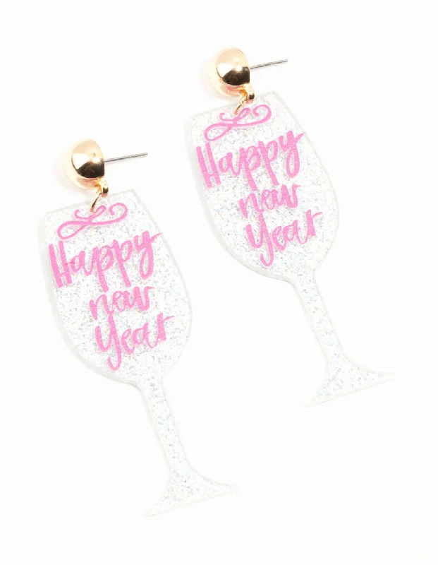 Pear Shaped Earrings-Happy New Year Glass Acrylic Drop Earrings