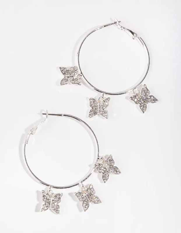 Elegant Swarovski Earrings-Silver Diamante Butterfly Hoop Earrings