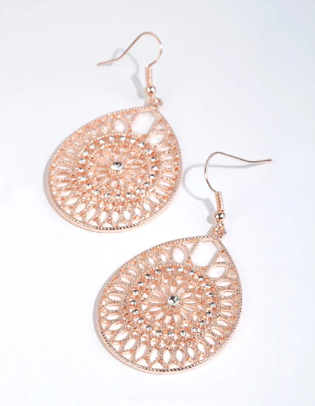 Long Silver Earrings-Rose Gold Diamante Filigree Teardrop Earrings