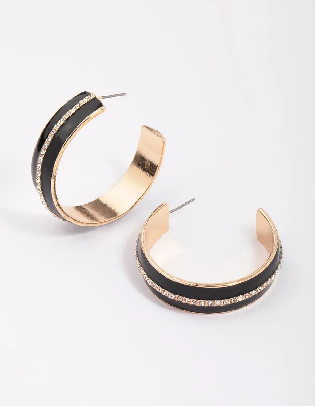 Textured Gold Earrings-Gold & Black Small Diamante Hoop Earrings