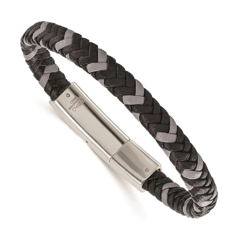 Adjustable Diamond Bracelet-Stainless Steel Polished Black and Grey Braided Leather 8in Bracelet