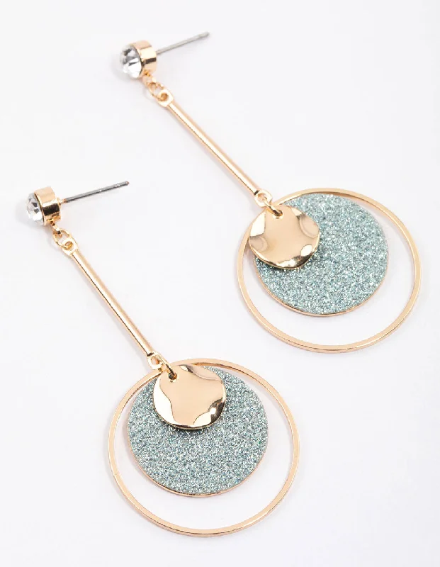 Gold Hoop Earrings-Blue Stack Glitter Disc Drop Earrings