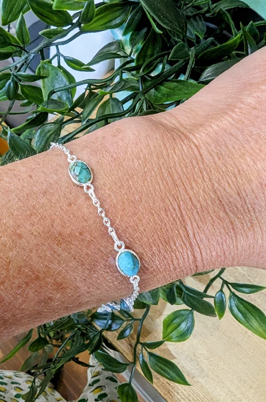 Beaded Stretch Bracelet-Turquoise Silver Chain Bracelet