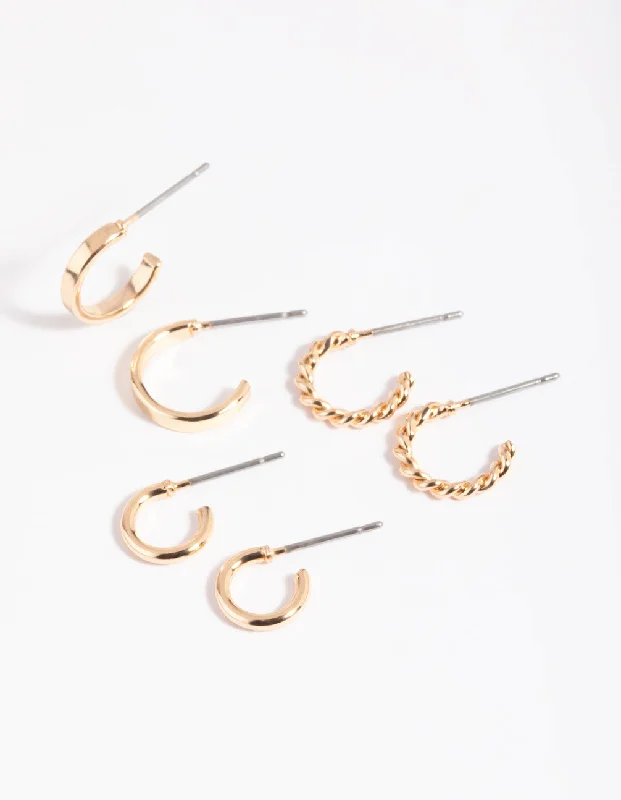 Gold-Plated Hoop Earrings-Gold Plain & Twisted Hoop Earring Pack