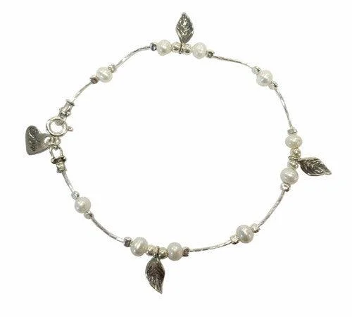 Simple Chain Bangle-Aviv Pearl and Silver Leaf Bracelet