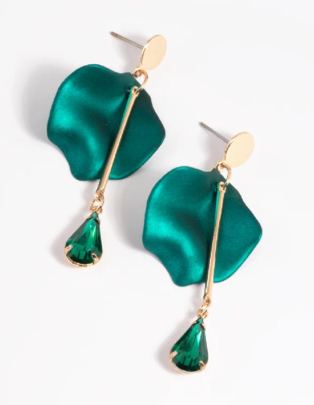 Glamour Diamond Earrings-Green Petal & Pear Stone Drop Earrings