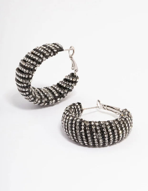 Cute Pearl Earrings-Silver Statement Two-Toned Black Diamante Hoop Earrings