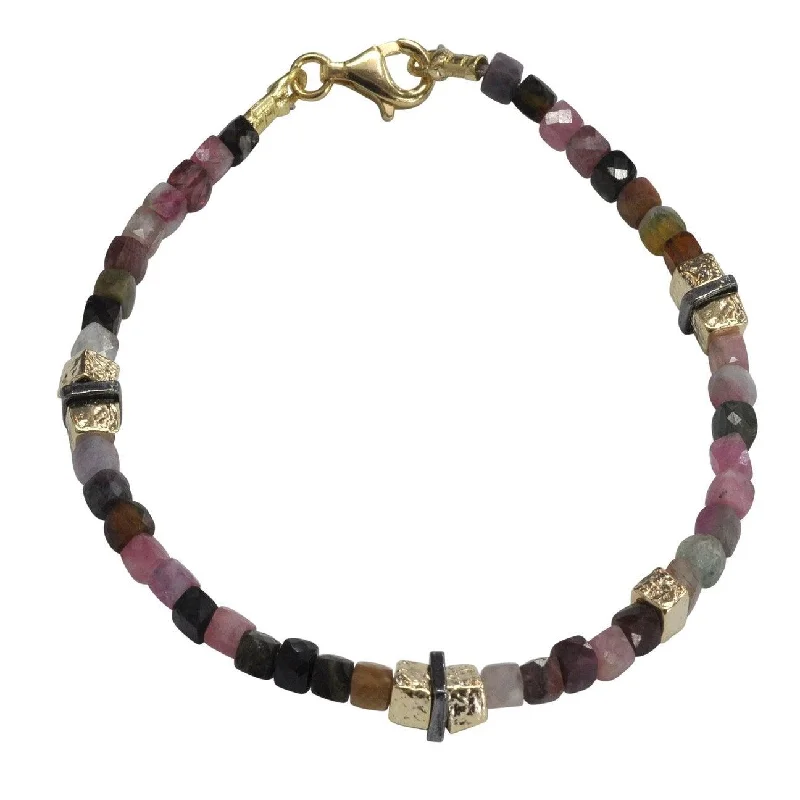 Black Leather Bracelet-Tourmaline Multi-Stone Bracelet