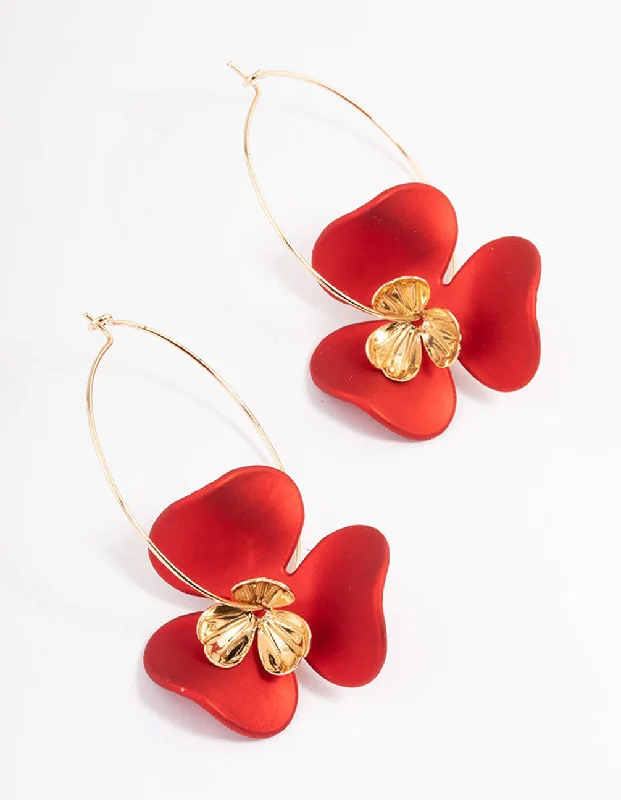 Gold-Plated Earrings-Red Large Flower Hoop Earrings