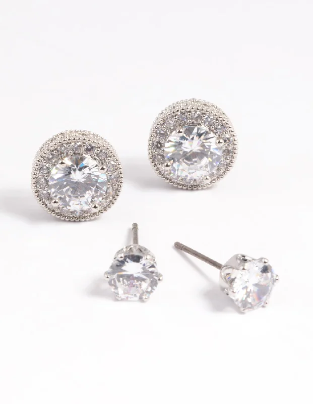 Rose Gold Earrings-Silver Diamond Simulant Stud Earring Set