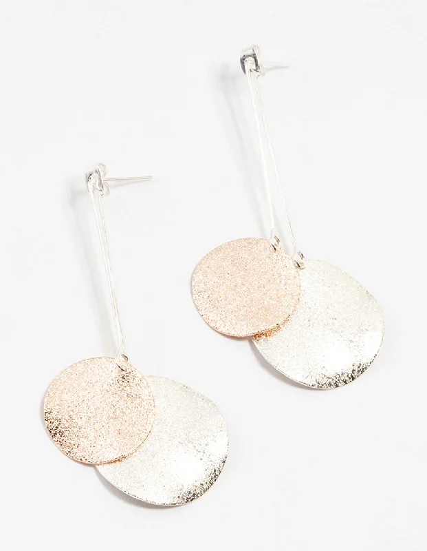 Unique Silver Earrings-Mixed Metals Sandblast Disc Drop Earrings