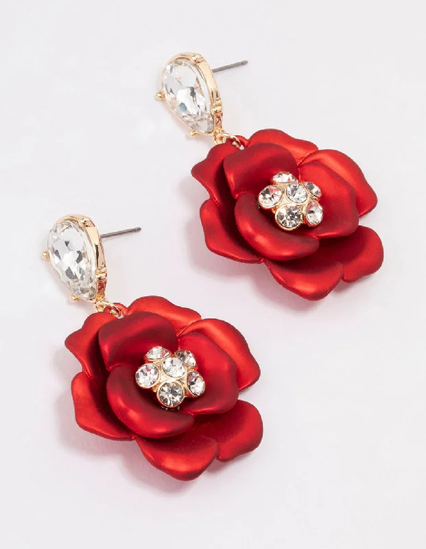 Unique Dangle Hoop Earrings-Red Iridescent Flower Stone Drop Earrings