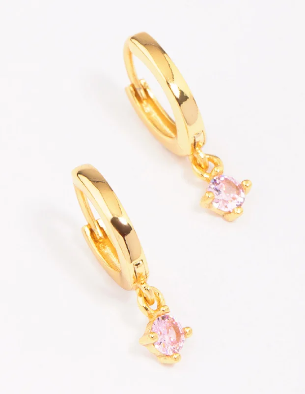 Elegant Stud Earrings-Gold Plated Sterling Silver Pink Cubic Zirconia Hoop Earrings