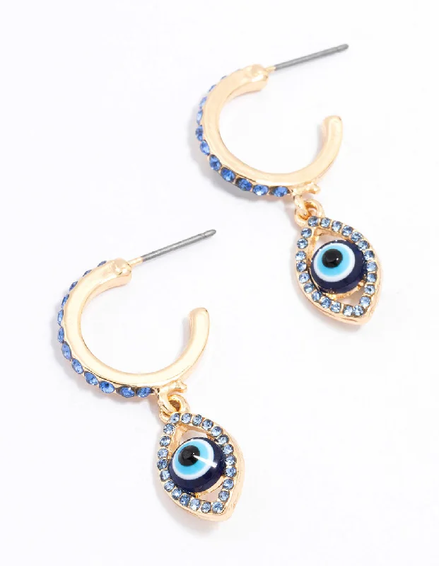 Simple Silver Earrings-Gold Evil Eye Diamante Drop Earrings