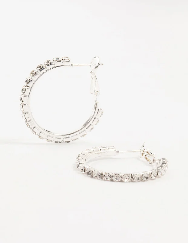 Adjustable Earrings-Silver Cup Chain Diamante Hoop Earrings