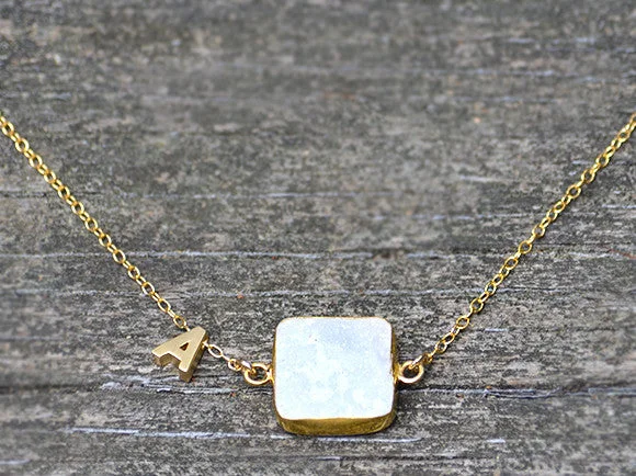 Custom Heart Pendant Necklace-Personalized Natural Cushion White Druzy necklace