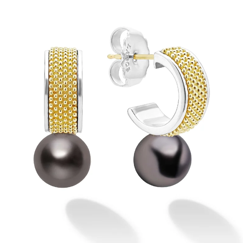 Crystal Stud Earrings-Luna Two-Tone Tahitian Black Pearl Hoop Earrings