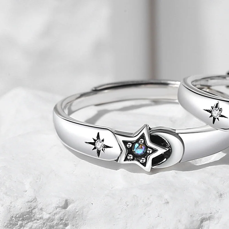 Star and Moon Match Couple Rings Men's Thai Silver Colors