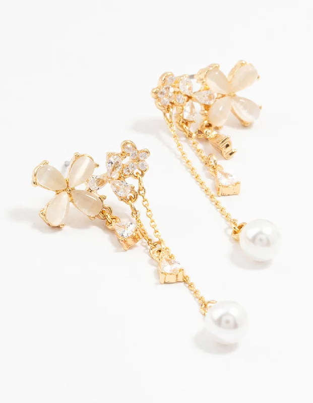 Vintage Gold Earrings-Gold Plated Flowers, Pearls & Pear Cubic Zirconia Drop Earrings