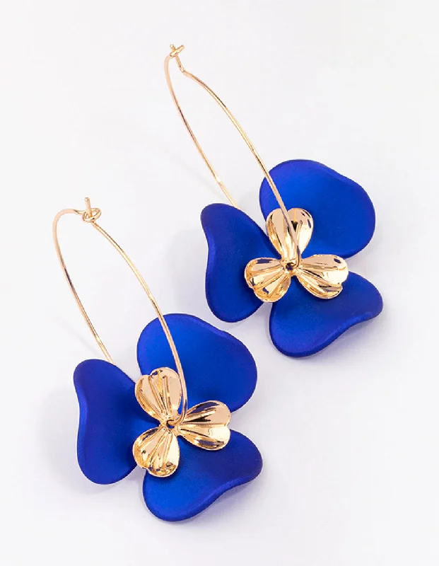 Elegant Ear Cuffs-Blue & Gold Large Wire Flower Hoop Earrings