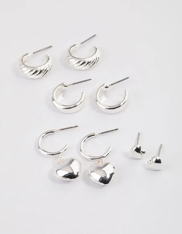 Stud Earrings with Gemstones-Silver Puffy Heart & Hoop Earrings 4-Pack