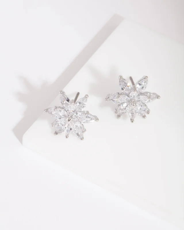 Geometric Shape Earrings-Silver Diamond Simulant Elegant Flower Stud Earring