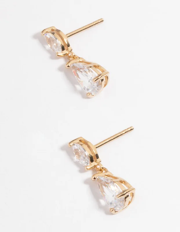 Metal Statement Earrings-Gold Plated Sterling Silver Cubic Zirconia Marquise Drop Earrings