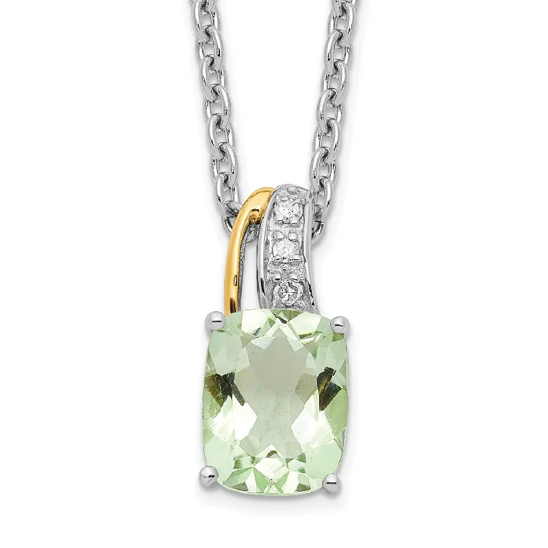 Adjustable Beaded Necklace-Cushion Green Quartz and Diamond 17-inch Necklace in Sterling Silver