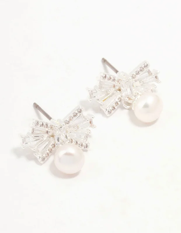 Cute Animal Earrings-Silver Plated Baguette Cut Cubic Zirconia Bow & Freshwater Pearl Drop Earrings