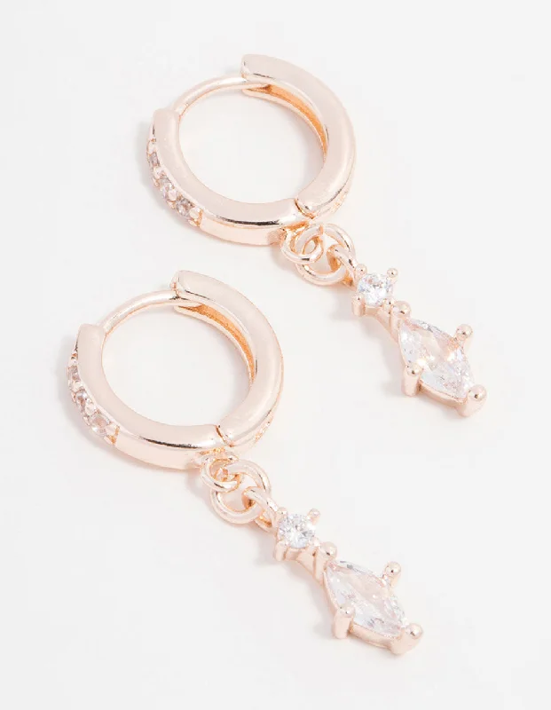 Cute Flower Earrings-Rose Gold Plated Cubic Zirconia Marquise Huggie Drop Earrings