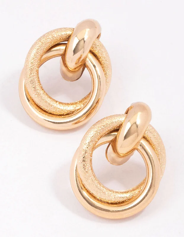 Funky Statement Earrings-Gold Textured Doorknocker Stud Earrings