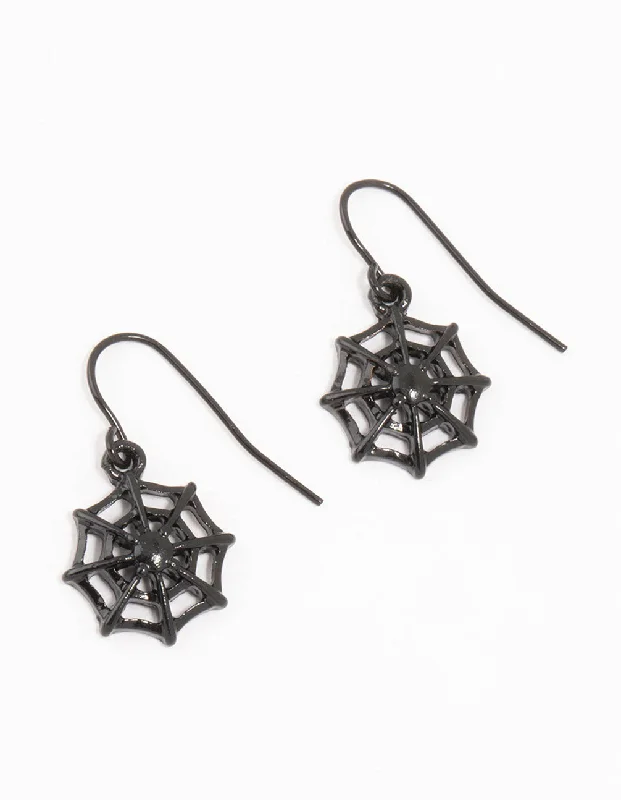 Classic Stud Earrings-Black Coated Metal Spiderweb Drop Earrings