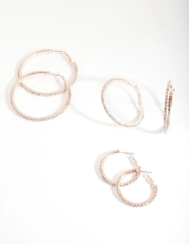 Trendy Statement Earrings-Mixed Size Rose Gold Diamante Hoop Pack