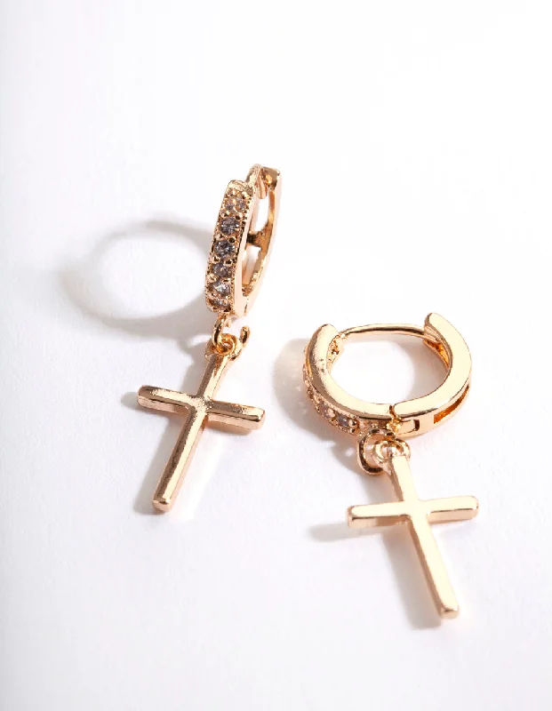 Fun Hoop Earrings-Gold Diamante Cross Huggie