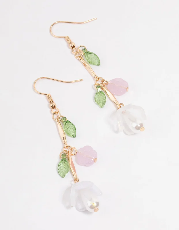 Small Hoop Earrings-Gold Pretty Petal & Flower Drop Earrings