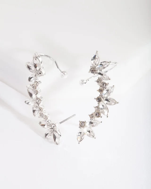 Silver Circle Earrings-Silver Diamante Leaf Ear Cuff