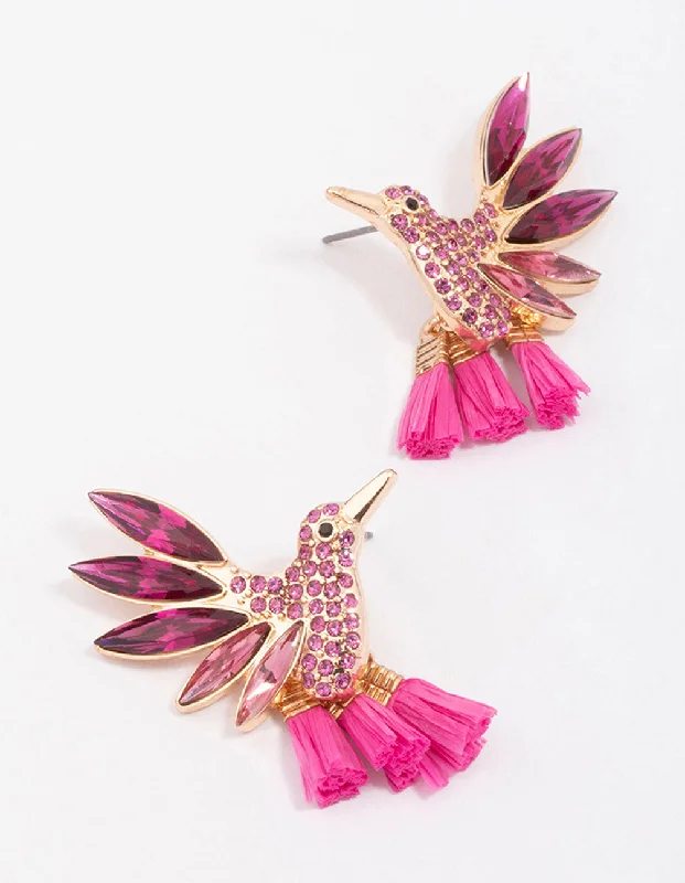 Fun Statement Earrings-Pink & Gold Hummingbird Stud Earrings