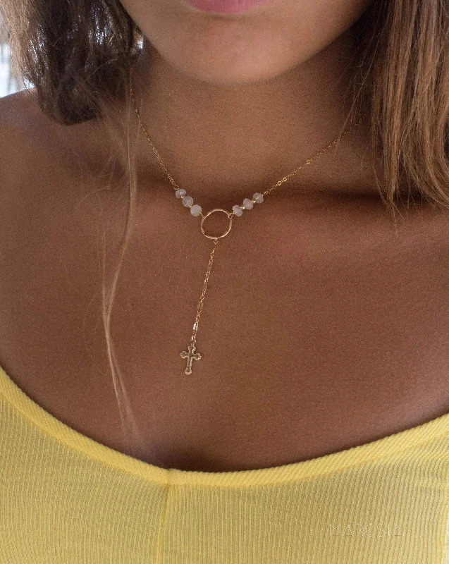 Chunky Gold Necklace-Y necklace Moonstone Cross ~ Gold Filled ~ MN027